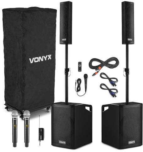 Vonyx VX1050BT Column PA System for Singer, Vocalist & Events – 1150W Active Speaker with Dual Wireless Microphone, Bluetooth, UHF Mic, 2x 12-Inch Subwoofers