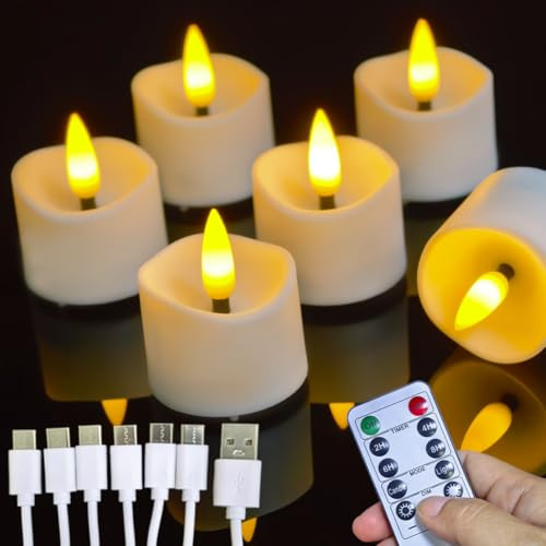 Wiederaufladbare Led Teelichter mit Fernbedienung und Timer, 6 Stück, realistische flackernde Glühbirne, batteriebetriebene flammenlose LED Kerzen, elektrische künstliche Kerze in warmem Gelb