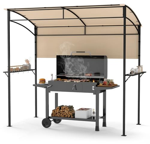 COSTWAY Grill Gazebo, Outdoor BBQ Shelter with Serving Shelf and Storage Hooks, Metal Frame Barbecue Canopy Sunshade Awning for Garden Patio Party (Beige, 239 x 108cm, with Extra Shadow)