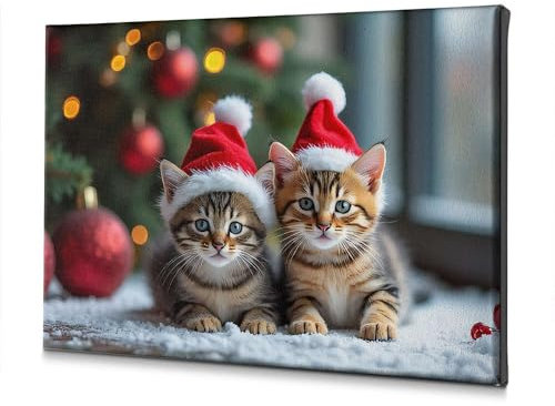 Decorazione per la stanza con due gattini che indossano cappelli di Babbo Natale seduti su una superficie innevata, decorazione da parete per la casa e il bagno (40 x 60 cm)