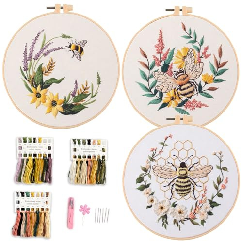 Myfelicity Bee and Floral Embroidery Kit, 3 Decorative Hoop Art Designs with Honeycomb and Garden Patterns, DIY Needlework Set (Bees)
