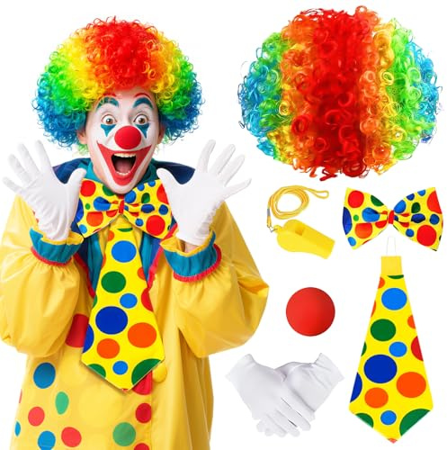 6 Pcs Rainbow Clown Costume Set with Clown Wig Nose Circus Costume Accessories for Halloween Fancy Dress Party Cosplay Carnival Outfit Clowns Set Unisex Adults & Teens