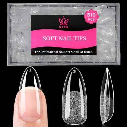 QIEK 510PCS 15 Sizes Medium Almond Nail Tips for Gel Extensions Half Matte Clear Acrylic Soft Gel X Full Cover Tips Pre-shaped Press On Nail for Home DIY and Art Salon