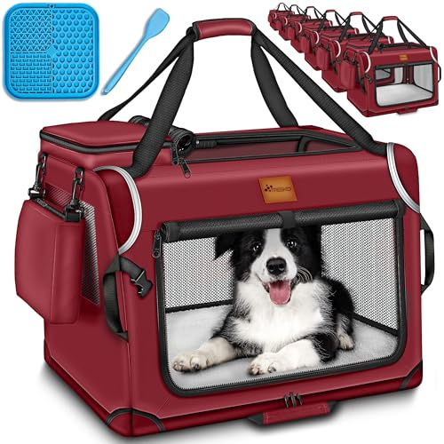 TRESKO® Caja de transporte plegable para perros con alfombrilla para lamer, espátula y reflectores XL 83x58x58cm | Caja de transporte para perros y gatos | Bolso de transporte para perros en el coche