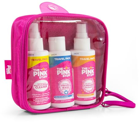The Pink Stuff Miracle Travel Pack - Includes 100ml Travel Friendly Minis - Multi-Purpose Cleaner - Travel Detergent - Crease Releaser & All Purpose Cleaning Cloth