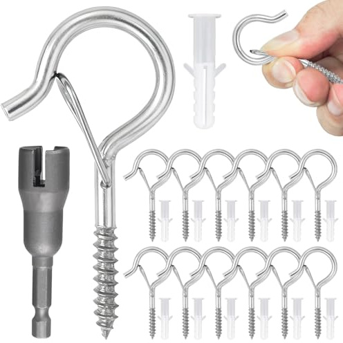 YAWYO Juego de 12 ganchos de rosca, montaje en pared para luces decorativas, plantas, comederos para pájaros, tazas, luces exteriores, con cierre de seguridad (Plata)
