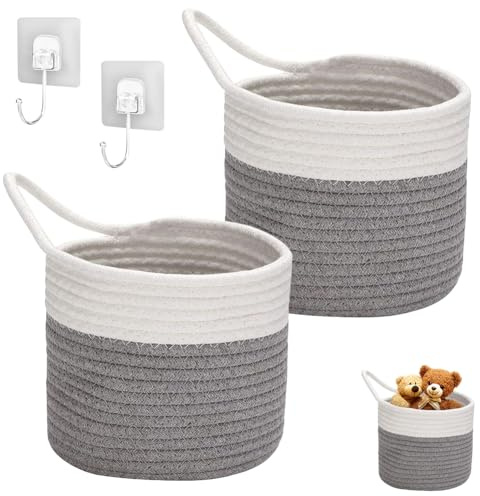 Umllpet 2 stycken hängande korgar av flätad bomull, förvaringskorg för babysaker, bomullskorgar med handtag, för badrum, vardagsrum, barnrum (vit + grå)