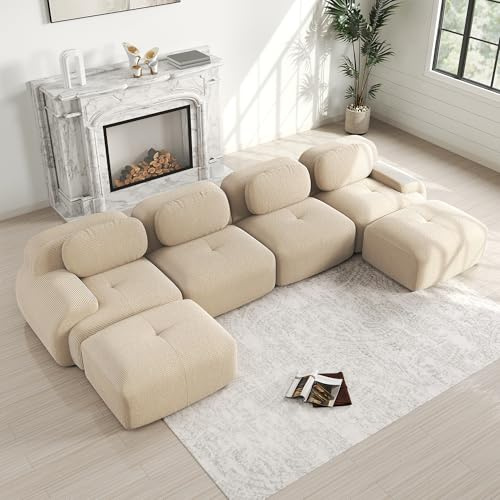 Bladez Moderno sofá modular de pana de 3 plazas, sofá esquinero en forma de U con otomano, acolchado de alta elasticidad 32D, antideslizante y apto para mascotas, con reposabrazos anchos para salón