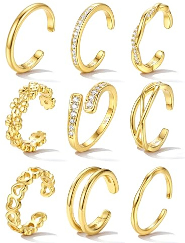 JeweBella 9Piezas Anillo Pie de Mujer y Niñas Ajustables Anillo Meñique Oro 14K Corazón Flor Circonita Simple Anillos Abiertos Impermeable Joyería de Pies Playa y Verano Oro Plata