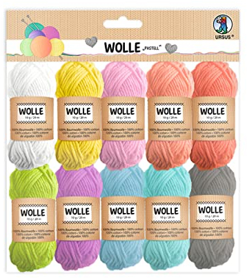 Ursus 56050099 - Wolle pastell, aus 100% Baumwolle, in 10 Pastellfarben, Knäuel á 10 g / 29 m, zum Stricken und Häkeln und für kleine Bastelprojekte