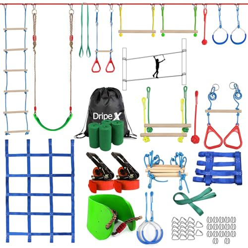 Dripex Slackline Enfant, Slackline 2×15m et Parcours Ninja Enfant Exterieur, Tyrolienne et Parcours Exterieur avec balançoire, échelle d’Escalade, Filet d’Escalade, Adapté aux débutants