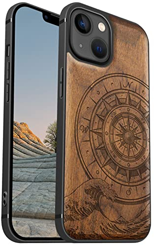 Carveit Magnetisch Hülle für iPhone 13 [Elegante Walnuss] [Weich TPU Stoßstange] Stoßfeste Handyhülle Kompatibel mit 13 Magsafe Hülle Holz （Der Kompass vor Kanagawa Waves）