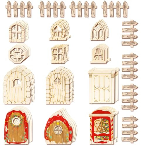 Halandar Kit de bricolage pour porte et fenêtre de fée, 56 pièces – Portes de jardin en bois, mini clôtures, accessoires miniatures non peints pour la maison, les fêtes, les événements – Décorations