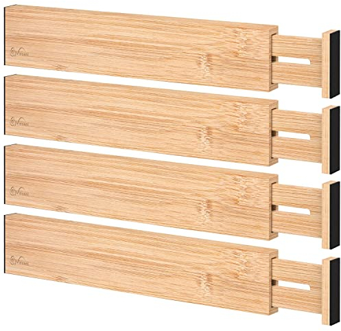 Vinsani Bamboo Drawer Dividers Set of 4 Expandable Drawer Organiser Expandable Adjustable 42-56 cm Spring-Loaded Drawer 2.4in High Separator Partitions for Kitchen Utensils Clothes Tools Home Office