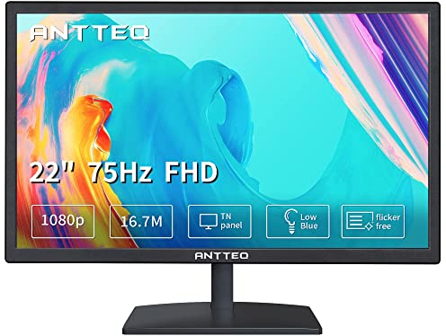 Antteq Monitor per computer aziendale da 22 pollici, Monitor desktop FHD 1080p 75Hz, Luce blu bassa, Comfort per gli occhi, Porte HDMI VGA, Monitor PC LED, Nero