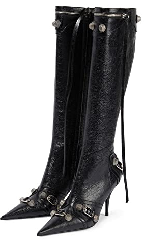 Knee High Boots for Women Fashion Slide Zipper Pointed Toe Stiletto Studded High Heel Rivets Tassel Boots Party Dress Shoes