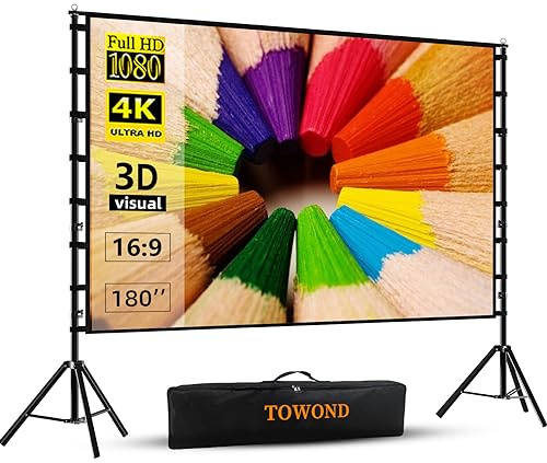 TOWOND Projector Screen and Stand, 180 inch Outdoor Projector Screen 15 FT Large Projection Screen, Portable 16:9 4K HD Rear Front Movie Screen with Carry Bag Wrinkle-Free Design for Backyard Theater
