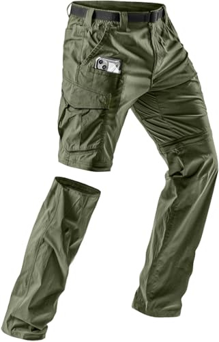 CQR Men's Convertible Cargo Tactical Pants, Water Resistant Outdoor Hiking Pants, Zip Off Lightweight Stretch Work Pants, Runyon Cargo W/Belt Green Kelp, 36W x 32L
