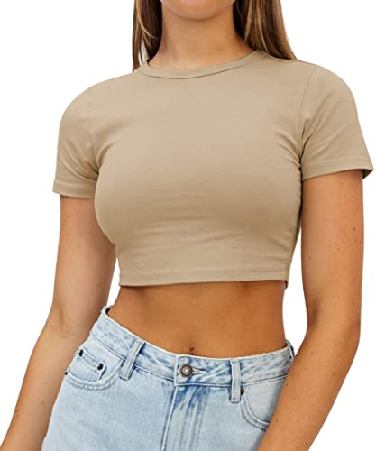 AirMood damer crop sommar t-toppar kortärmade casual skuren t-shirt, Aprikos, XXL