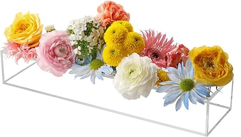 Acrylic Rectangle Flower Vase with 14 Holes, 15.7in L*4in W*2.6in H Clear Floral Box Vase, Decorative Centerpiece Flower Box for Dining Table Weddings Home Decor