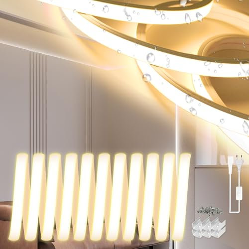 SUCIKORIO Neon LED Streifen 5m, Silikon Wasserdicht Feuerfest IP65 Led Strip Warmweiss 3000K 10mm Led Lichterkette Außen 230V Flexibler DIY Lichtband Aussenbereich mit Netzteil für Haus, Party, Küche