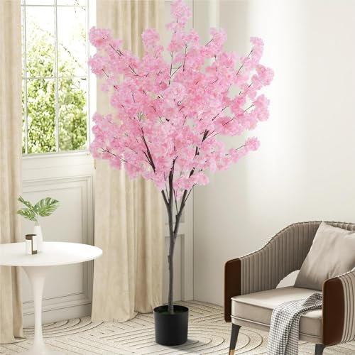 TANGZON 1.9M/6.2FT Artificial Cherry Blossom Tree, Tall Fake Sakura Flower Tree in Pot with 1170 Pink Blooming Flowers, Indoor Outdoor Decorative Potted Faux Cherry Plants for Home Office Wedding (1)