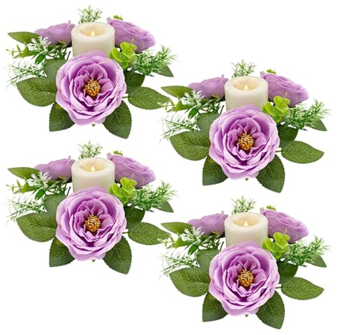 4 Pezzi Anelli per Candele con Fiori Nuziali, Ghirlande Floreali Artificiali con Foglie Verdi, Anelli per Candele con Fiori Portacandele Ghirlanda per Centrotavola Pilastro Decorazioni per la(Viola)
