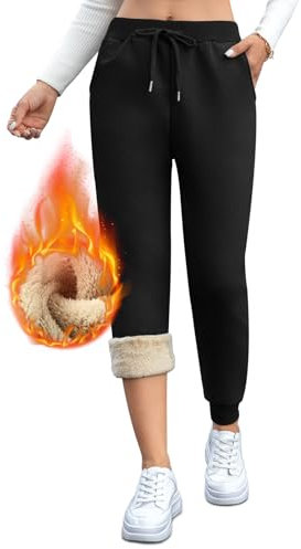 Gefütterte Jogginghose Damen Warm Thermo Winter Fleecehose, Flauschig Baumwolle Verdickte Thermohose Winterhose Freizeithose Kordelzug Sweathose mit Taschen M Leggings Schwarz