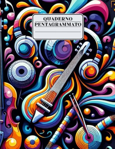 QUADERNO PENTAGRAMMATO: Formato A4 per bambini e ragazzi, copertina con strumenti musicali colorati, indice iniziale da compilare, pagine numerate e ... per ogni pagina con spazio per annotazioni.