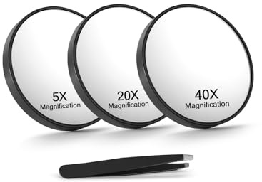 Macaki 5X/20X/40X Magnifying Mirror with Suction Cups and Tweezers Set, 3.5 inches Travel Magnified Makeup Mirror, Black, 3PCS