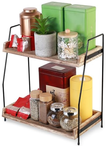 Etagere Cuisine Rangement, Étagère à Épices, Organisateur de Bar à Café en Bois à 2 Niveaux, Organisateur Plan de Travail, Etagere Rangement Cuisine Maison Bureau