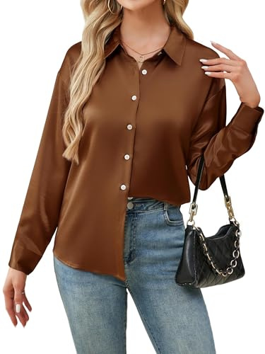 Stamain Satin Chemisiers Blouses Femme Manche Longue en Satin élégant Col en V Manches Boutonné Haut d'affaires Décontracté Bronze 4XL