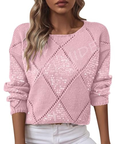 ZPLMIDE Maglione da donna all'uncinetto, elegante, casual, traforato, glitterato, leggero, comodo, con paillettes, abbigliamento autunnale, rosa, M