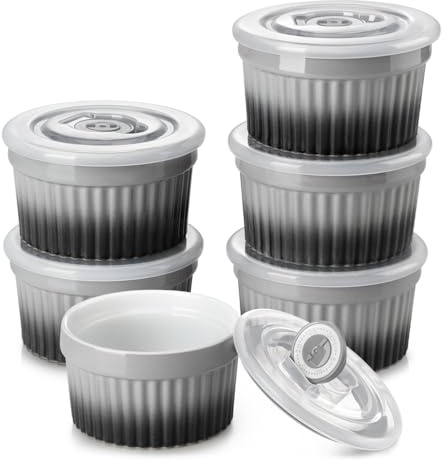 vancasso Moldes para Soufflé con Tapas, 6 Ramequines de Cerámica, 200ml Baking Moldes para Hornear Tartas, Ø 9,5cm Mini Cuencos para Postre, Apto para Lavavajillas, Microondas y Horno, Gris