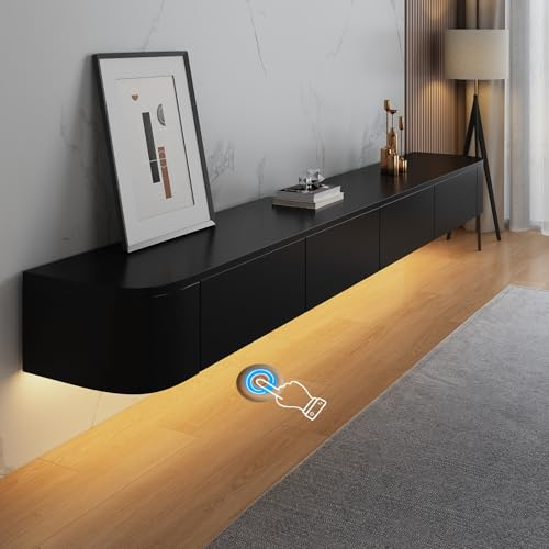 HYANXUE Soporte de TV Flotante, Estantes de TV Montados en la Pared con Puerta, Consola de Medios para TV, Gabinete de TV Flotante con Gran Almacenamiento para Debajo de la TV (Negro+LED, 200CM/78.7)