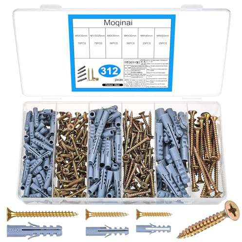 312 Pezzi Set Tasselli e Viti, Kit Fissaggi per Cartongesso e Muro, Viti Autoperforanti per Legno, Tasselli a Espansione in Nylon per Calcestruzzo, Mattoni e Pareti in Cartongesso