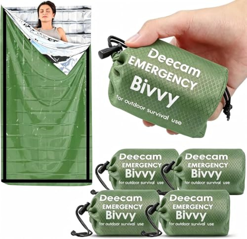 Deecam Sacco a Pelo Emergenza Coperta Termica Supervivenza, Coperta Termica in Alluminio, Supervivenza Bivy per Vivac, Coperta per Dormire da Campeggio, Campeggio, Escursionismo, Trekking (4 Verdi)