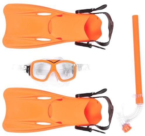 DEARMAMY Kit Plongée en Apnée Garçon et Filles 3 Pièces Orange Palmes Taille 35-39 Masque Anti-buée Tuba Sec Embout Ergonomique Équipement Plongée Snorkeling Loisirs Nautiques