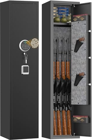 [No Assembly Required] 4-5 Gun Safe for Home Rifle and Pistols, Fingerprint & Digital Keypad Entry, Heavy-Duty Steel Cabinet with Adjustable Shelves, 52H for Long Guns & Pistols, Black