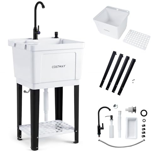 COSTWAY Lavandino da Esterno, Lavello Indipendente con Rubinetto Girevole a 360°, Distributore di Sapone, Vassoio di Raccolta e Ripiano Inferiore, Lavello per Giardino, Garage e Lavanderia