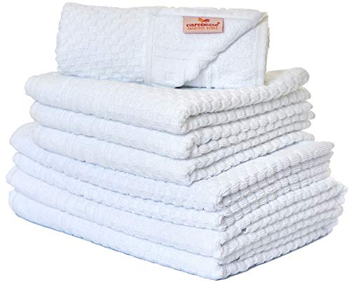 Carenesse 8er Set Handtücher weiß I 2X Duschtuch / 4X Handtuch / 2X Duschvorleger I Premiumqualität Baumwolle Öko-Tex 100 I Handtuchset saugstark & fusselfrei Waffelmuster & Bordüre