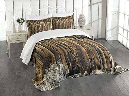 ABAKUHAUS Rustikal Tagesdecke Set, Oak Barn Holz-Tür, Set mit Kissenbezügen Sommerdecke, für Doppelbetten 220 x 220 cm, Braun