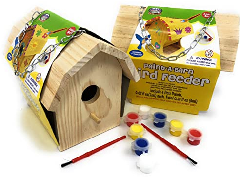 Matty's Toy Stop Paint-A-Barn Wooden Birdhouse & Bird Feeder (Includes Paints & Brushes) Gift Set Bundle - 2 Pack