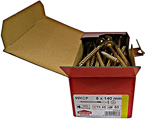 Klimas Tornillos para madera - tornillos de cabeza -Tornillos multiusos - cabeza de plato torx- para construcción de tejado - amarillo - 8x140 mm 50 uds.