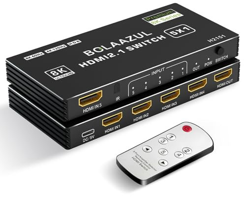 BolAAzuL 5X1 HDMI Switcher Selector Box, 5-Port HDMI Hub Auto Switch, 8K@60Hz 4K@120Hz 2K@144Hz, 48Gbps, HDR, HDCP, CEC, Dolby Vision, for PS5 Xbox Series X
