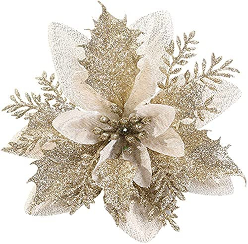 SWECOMZE 12 Stück Glitter Weihnachtsbaumschmuck Weihnachten Blumen Ornament Weihnachten Dekor, Christbaumanhänger 14cm (Gold)