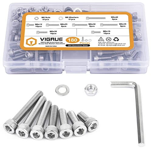 VIGRUE 180Pcs M6 Stainless Bolt Kit, M6x12/16/20/25/30/35/40mm Hex Socket Head Cap Screws Nuts Washers Assortment, Full UNC Thread