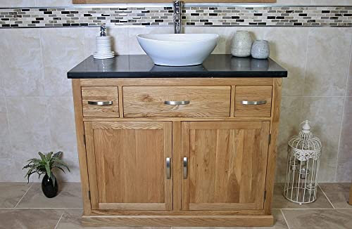 Wooden Bathroom Vanity with Sink and Drawers - Natural Oak Double Door Bathroom Sink Cabinet Wash Basin - Single Vanity Unit with Chromed Mixer Tap - Oval Bowl with Black Quartz Top (1161BQCBC)