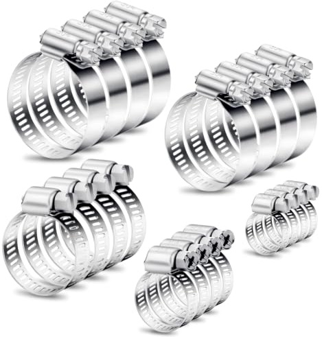 20PCS Jubilee Clips Assorted 8-51mm Hose Clips Stainless Steel Hose Clamps Adjustable Hose Pipe Clips Worm Drive for Flexible Exhaust Hose Pipe Washing Machine Garden Connections