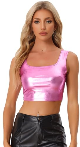 Allegra K Donna Top Corto Lucido Metallizzato Crop Top Senza Maniche con Scollo a U Canottiera Canotta da Ballo Clubwear per Nightclub Party Rosa L